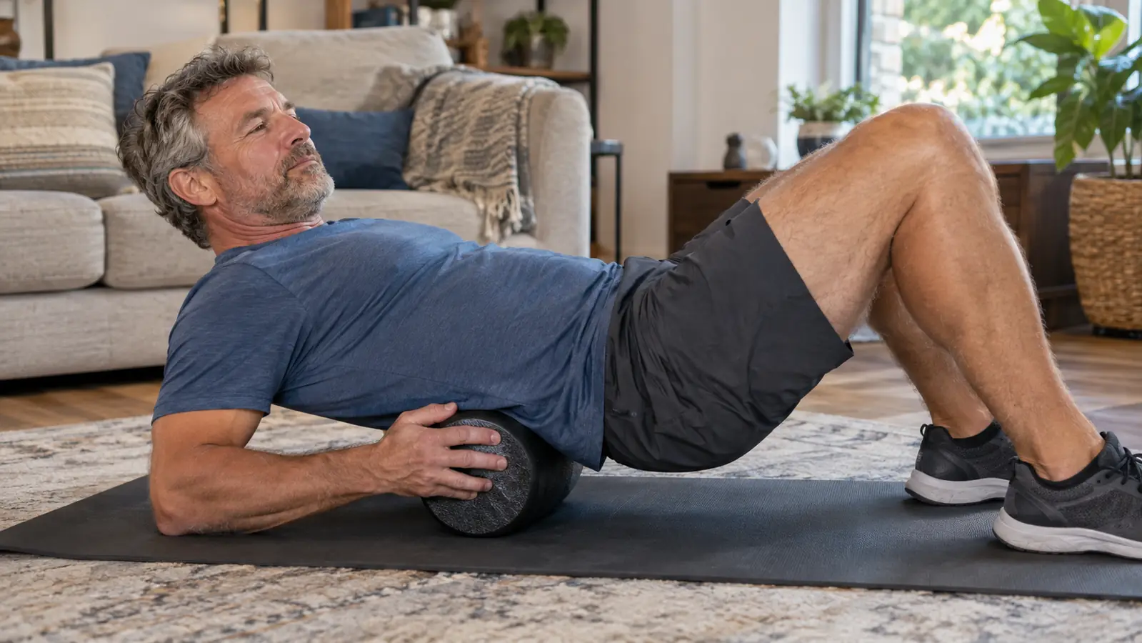 A hand pressing a foam roller against a lower back while the person lies on a mat in a living room