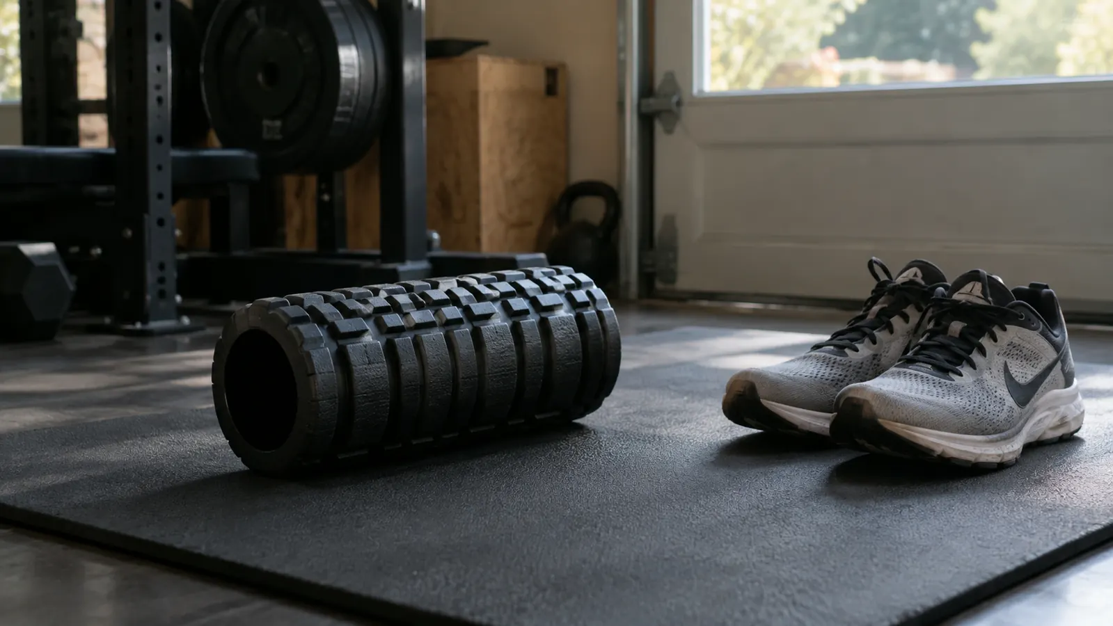 A foam roller resting on a mat beside a pair of sneakers in a garage gym