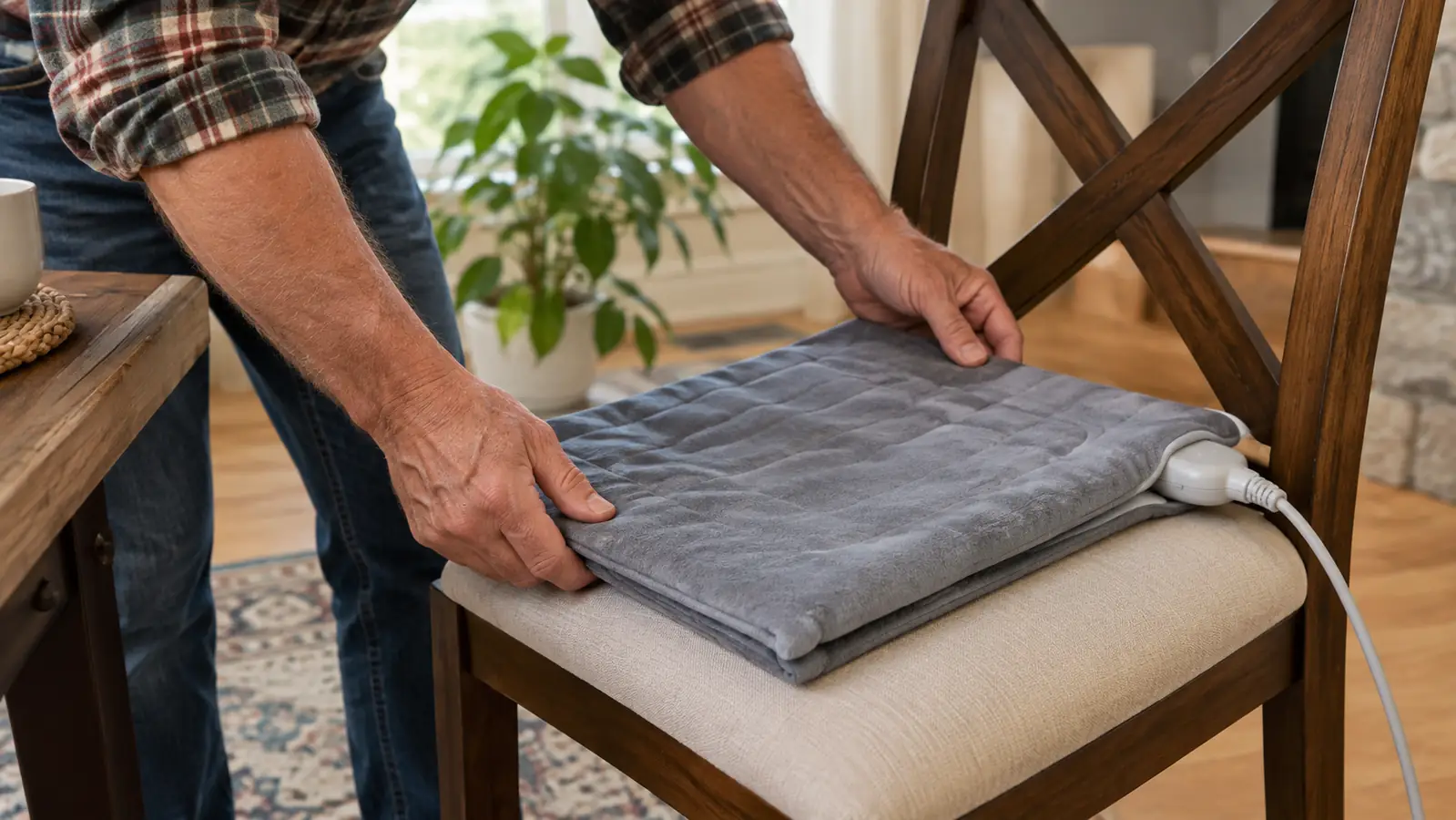 A hand placing a folded heating pad on a chair seat before sitting down