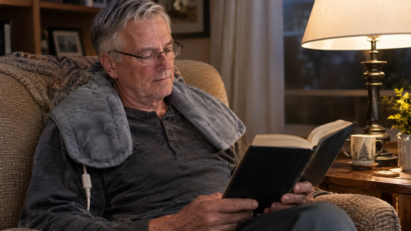 A heating pad draped over the shoulders of a man reading in a chair