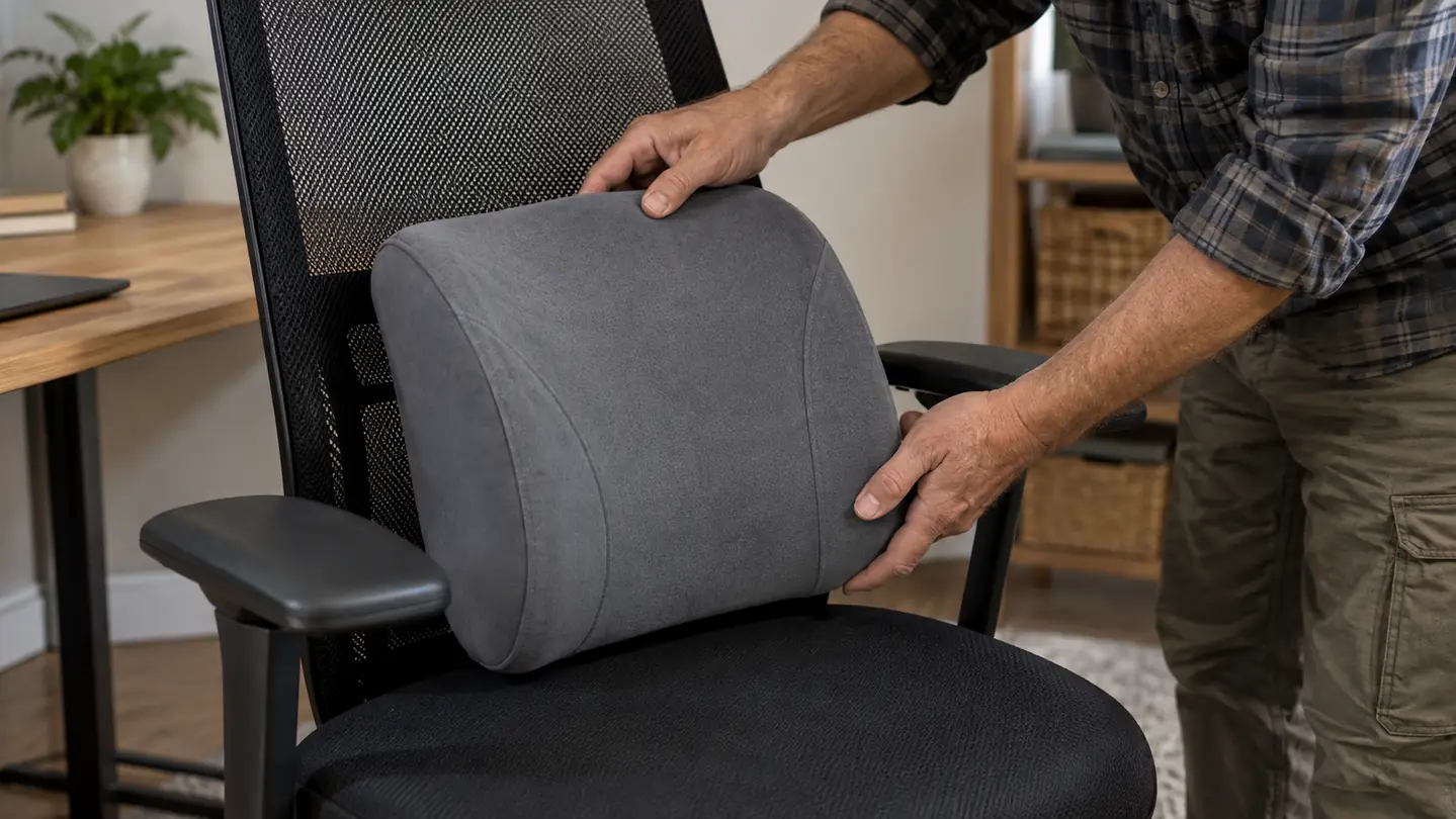 A hand placing a lumbar support pillow on an office chair before sitting down