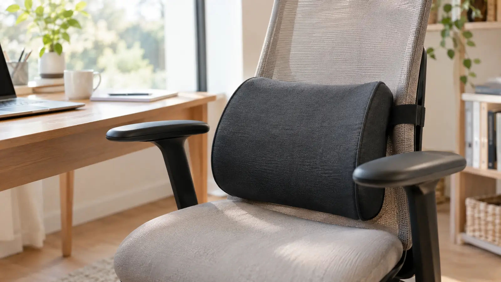 A lumbar support pillow resting on a chair in a bright home office