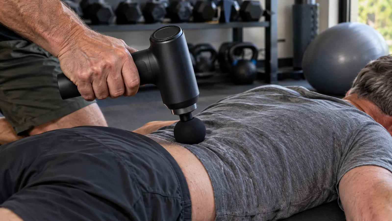 A hand holding a massage gun against the lower back of a person lying on a mat in a home gym