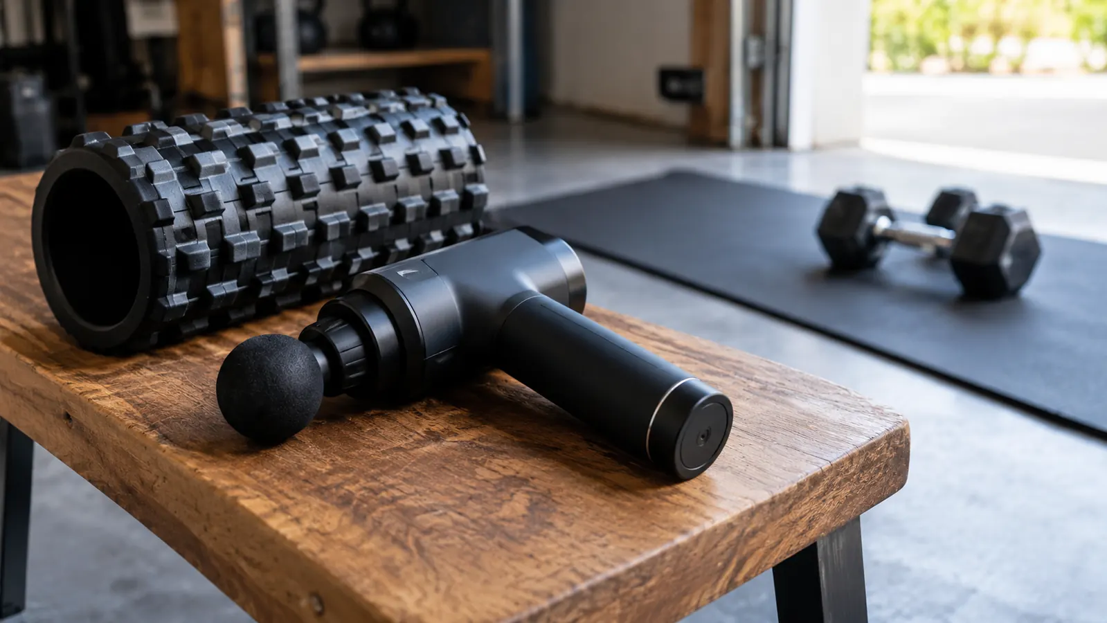 A massage gun resting on a wooden bench next to a foam roller in a garage gym