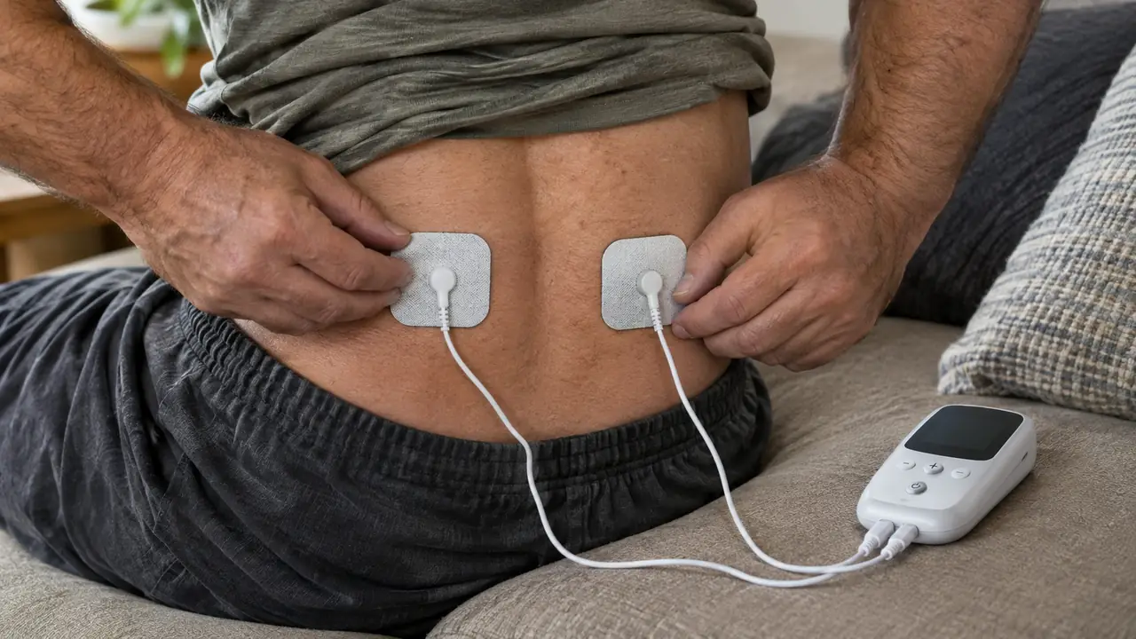 A hand placing electrode pads on a lower back before attaching the wires to a TENS unit