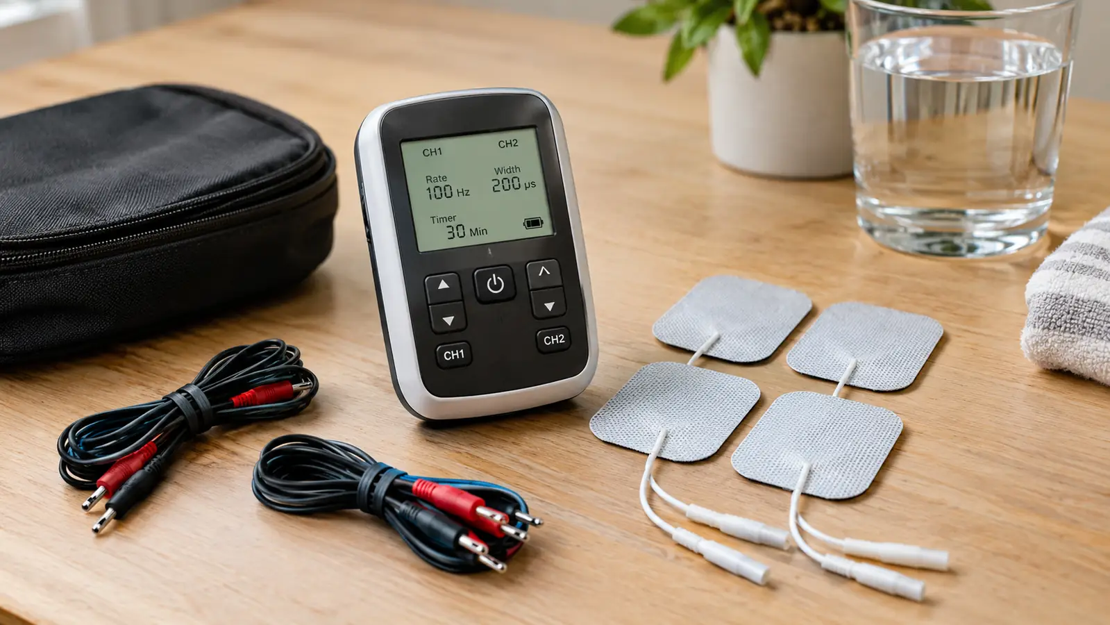 A TENS unit and its accessories laid out on a kitchen table, including electrode pads and lead wires