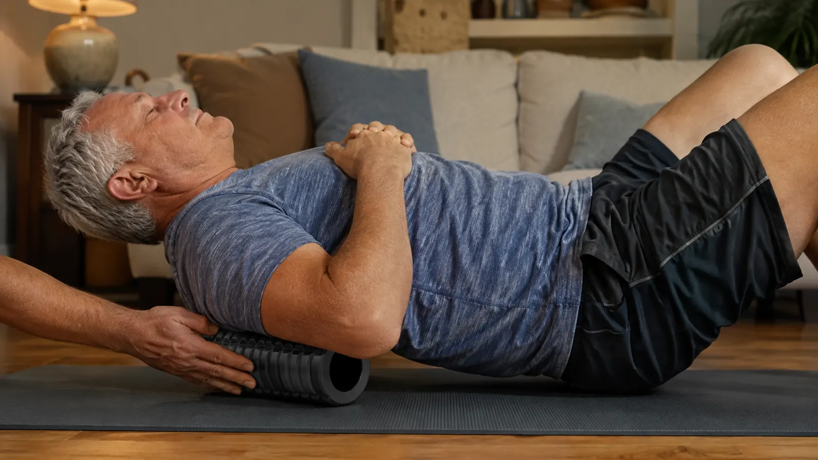 A hand rolling a foam roller along the floor beneath a person's lower back while they lie on a mat