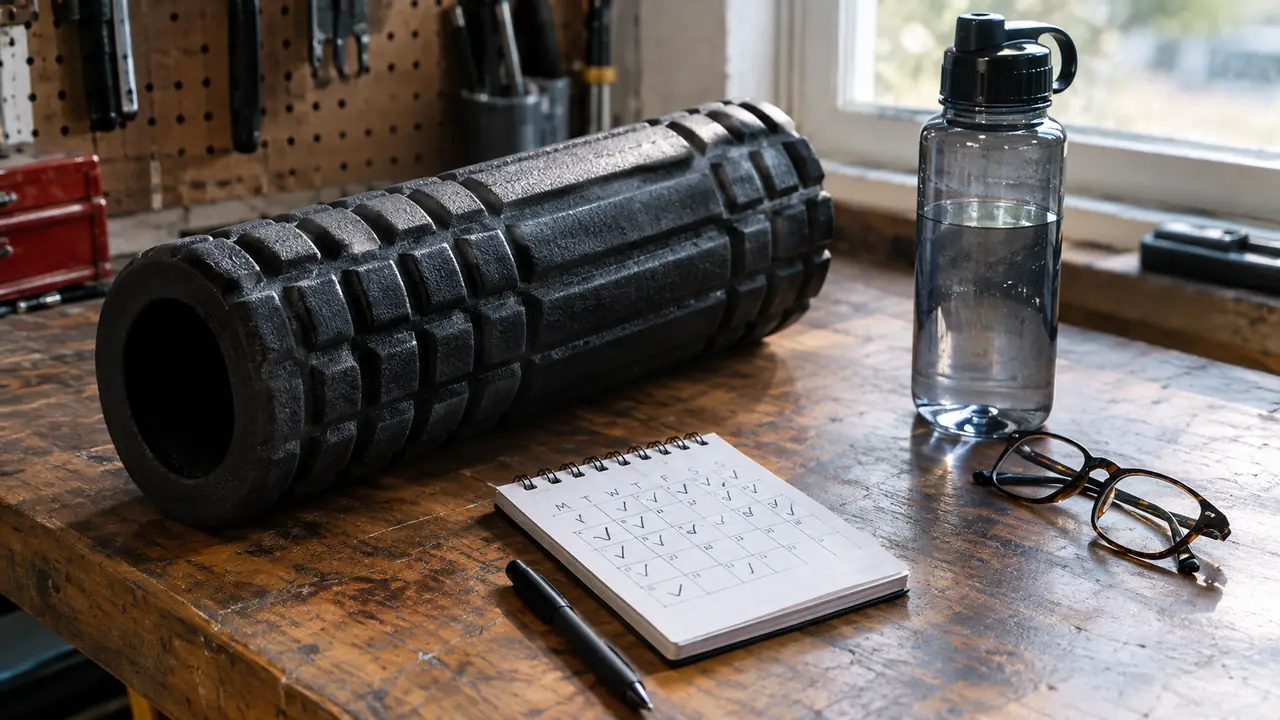 A foam roller and a small notepad with a hand-drawn calendar and check marks on a garage workbench