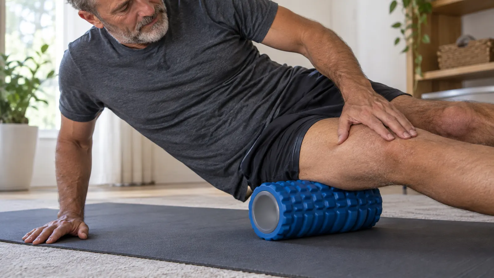 A hand pressing a foam roller against the back of a thigh on a mat in a neutral home setting