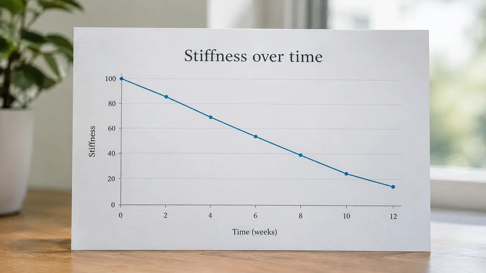 A simple line chart showing stiffness easing over several months of regular rolling