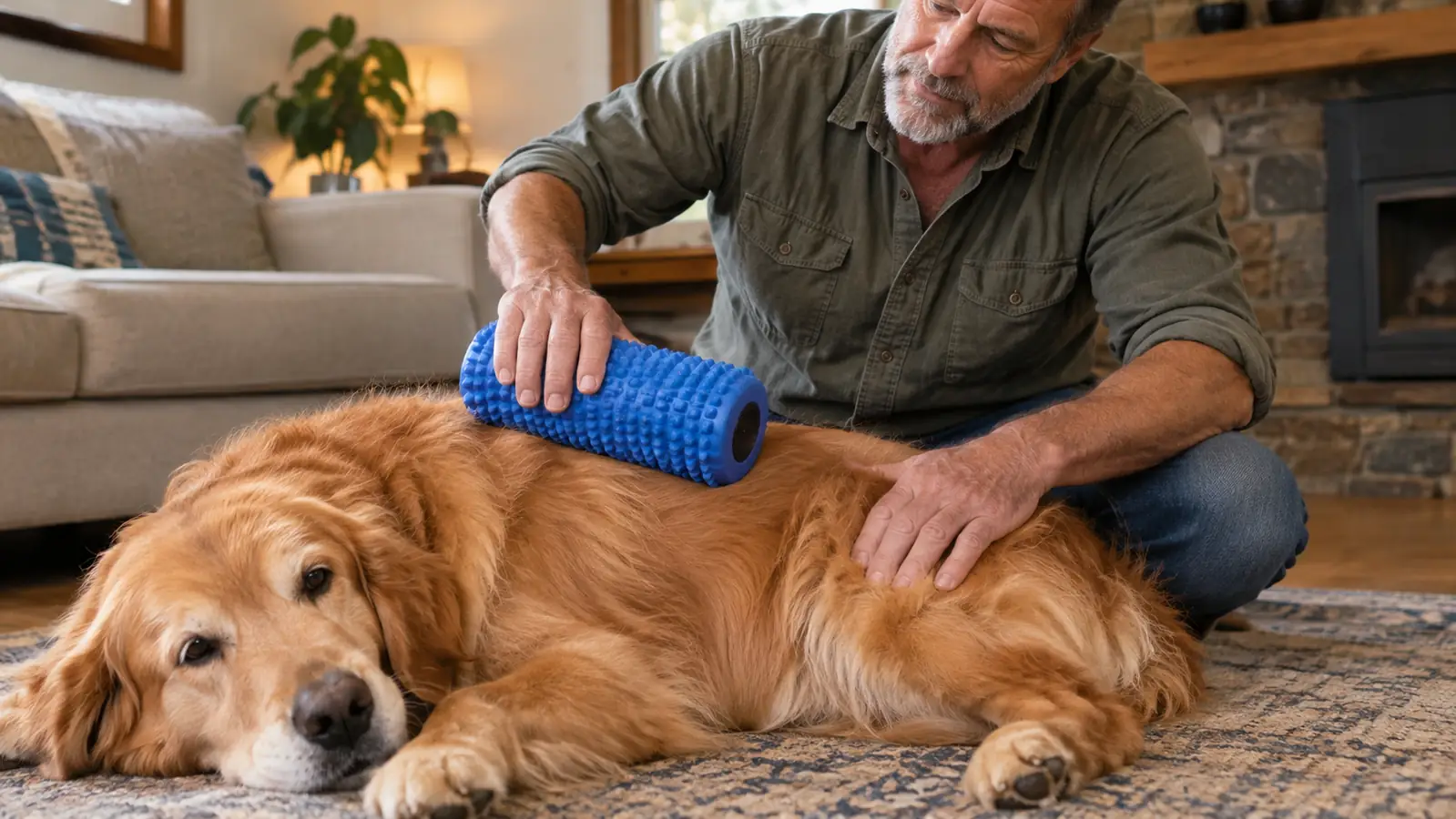 A hand pressing a foam roller against a dog's back while the dog lies on a rug