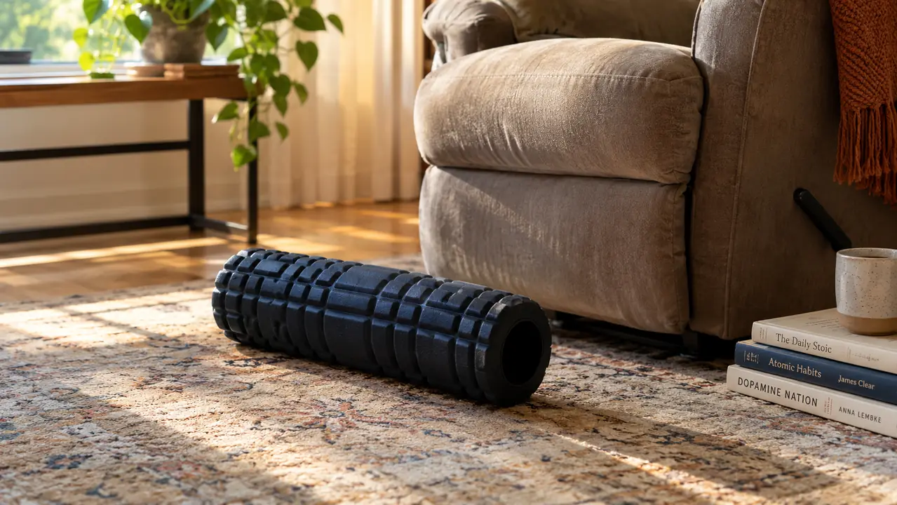 A foam roller lying on a living room rug beside a recliner and a small stack of books