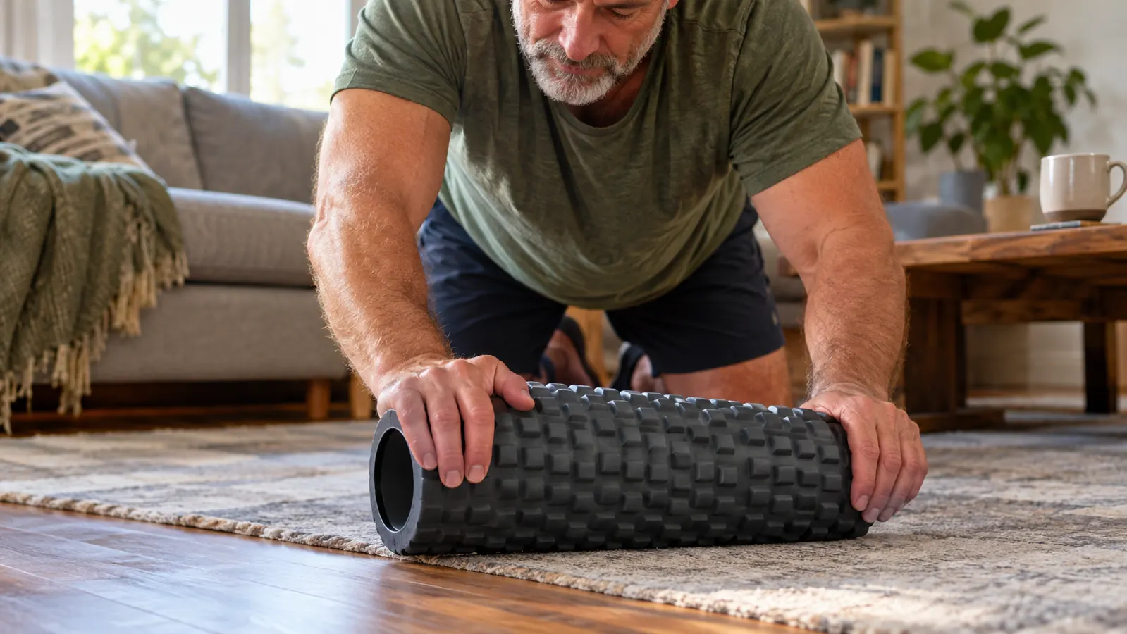 A hand rolling a foam roller slowly along the floor in a living room, a dog-free rug and a coffee mug nearby