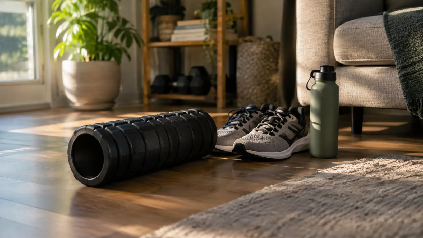 A foam roller lying on a living room floor beside a pair of sneakers and a water bottle