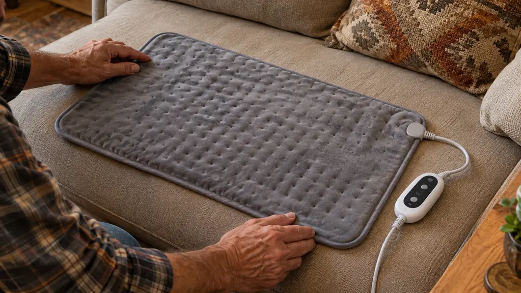 A heating pad with a controller lying on a couch cushion, ready to use