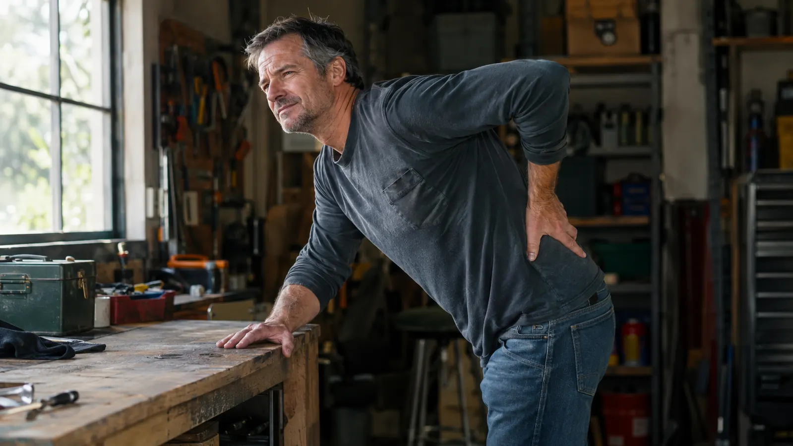 A man in his fifties leaning over a workbench in a garage, one hand on his lower back
