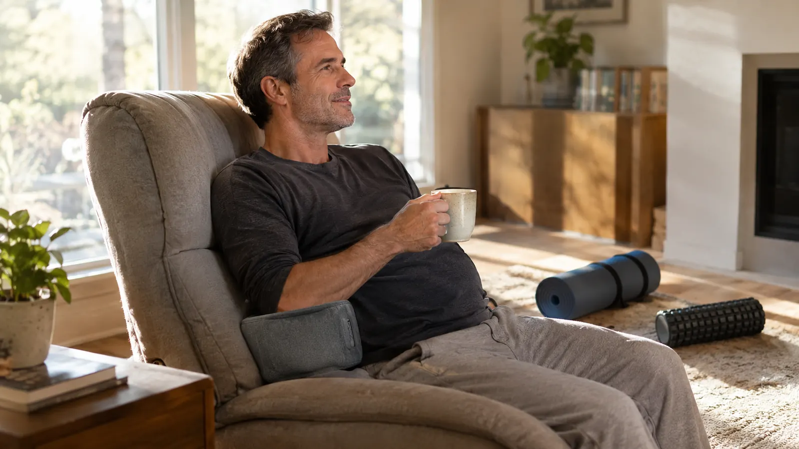 A man in his fifties relaxing in a recliner with a heating pad around his lower back, a coffee mug in hand and a foam roller on the rug