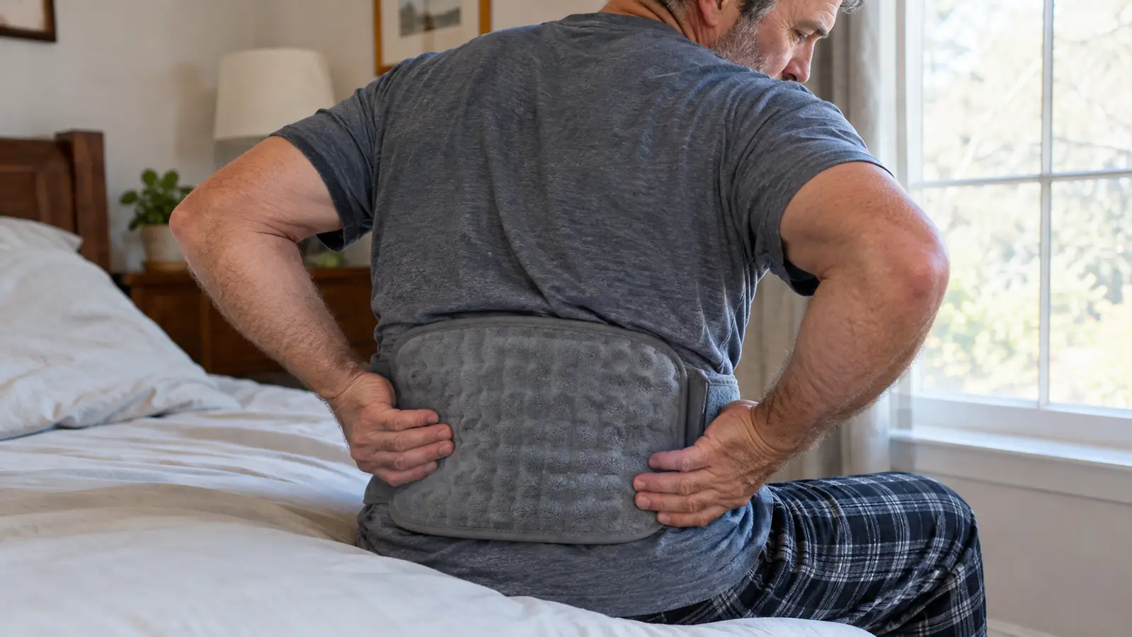 A hand placing a heating pad on a lower back over a t-shirt