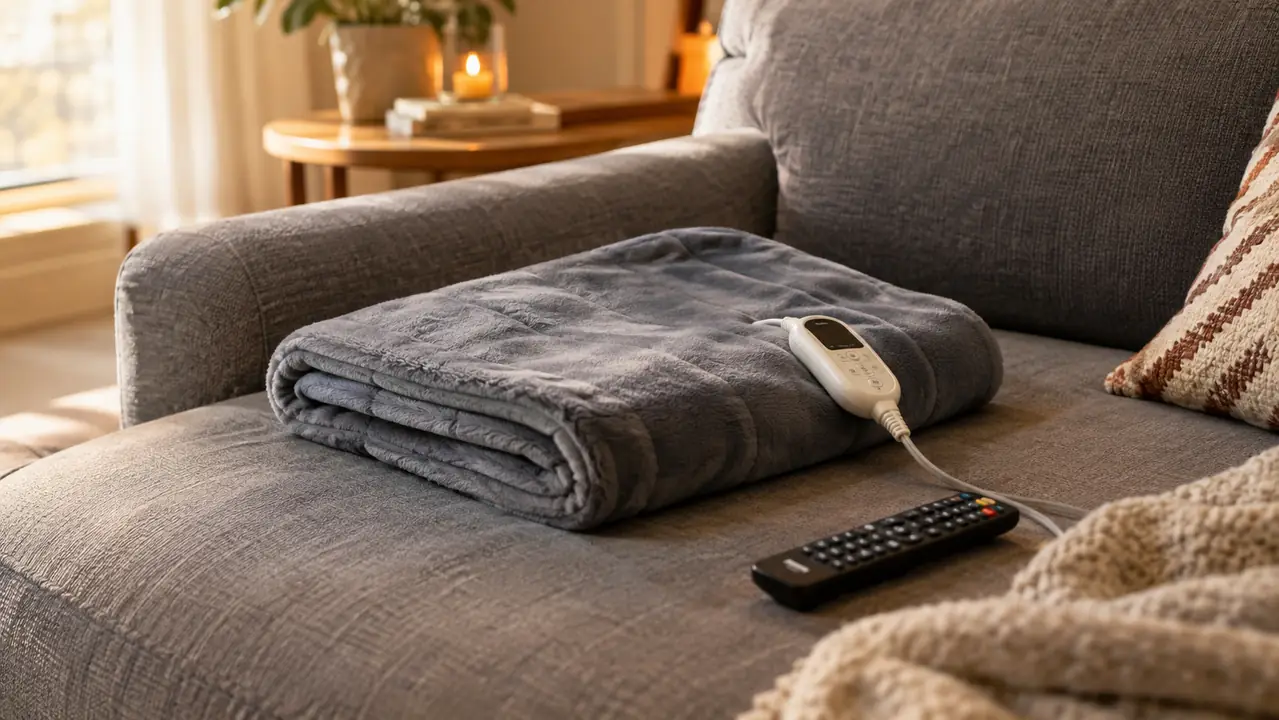 A heating pad folded on a couch next to a remote control