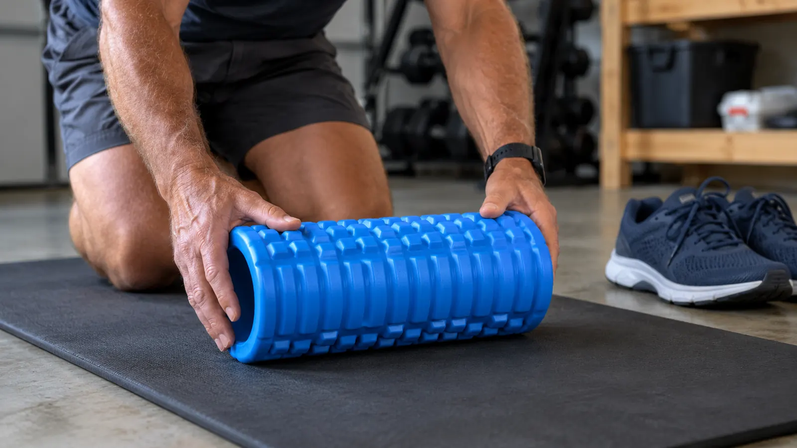 A hand placing a foam roller on a mat beside a pair of sneakers in a home gym