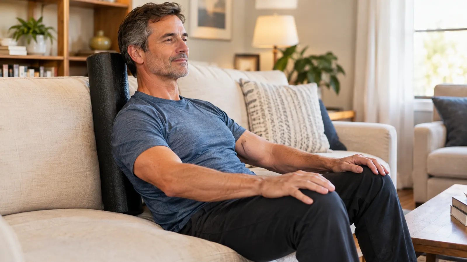 A man in his fifties sitting on a couch with a foam roller behind his back, hands on his knees, looking relaxed