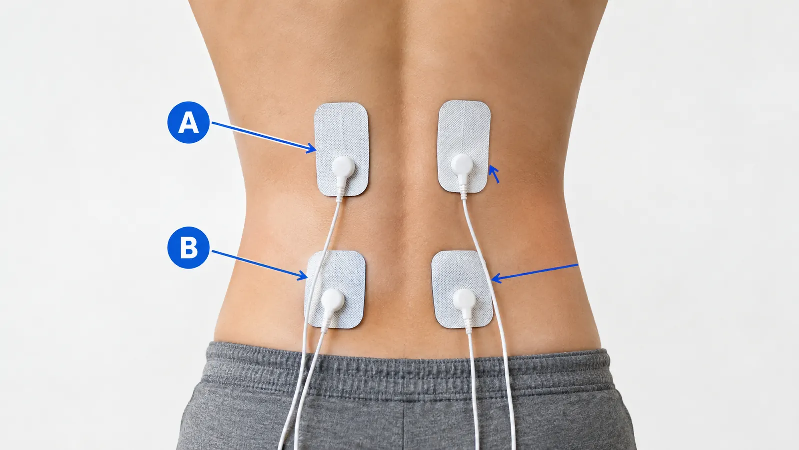 A simple diagram showing two pairs of TENS pads placed on the lower back, one pair on the sides of the spine and one pair lower near the belt line