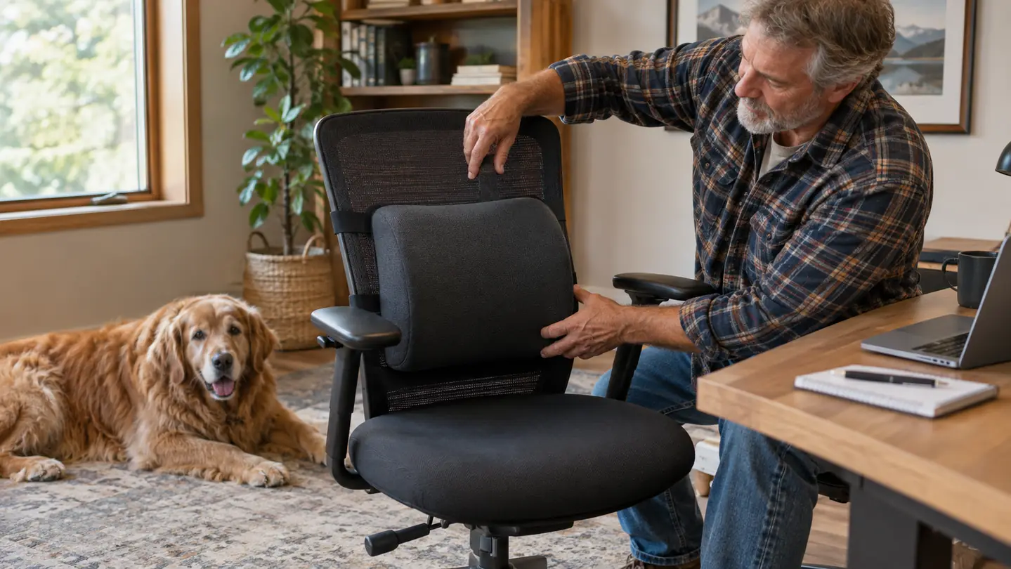 A hand adjusting a lumbar support pillow on an office chair while a large dog rests on the floor nearby