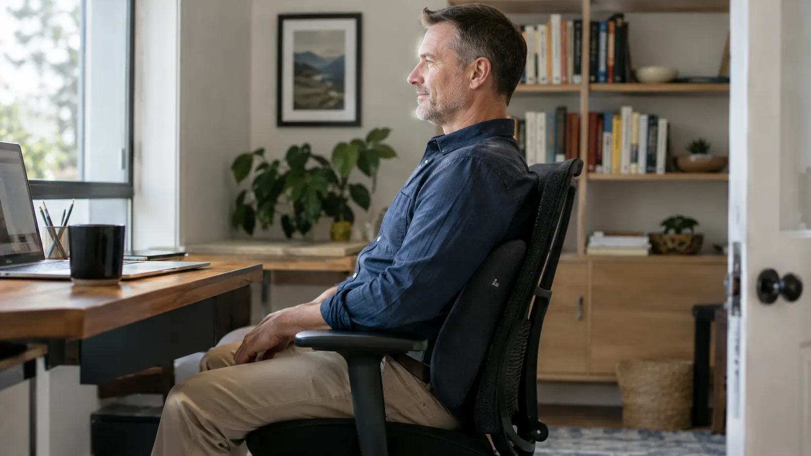 A man in his fifties sitting upright in an office chair with a lumbar support pillow in place, seen from the side