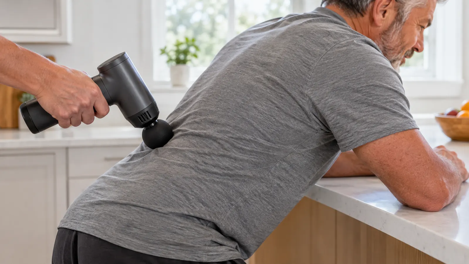 A hand holding a massage gun against a lower back over a t-shirt while the person leans over a counter