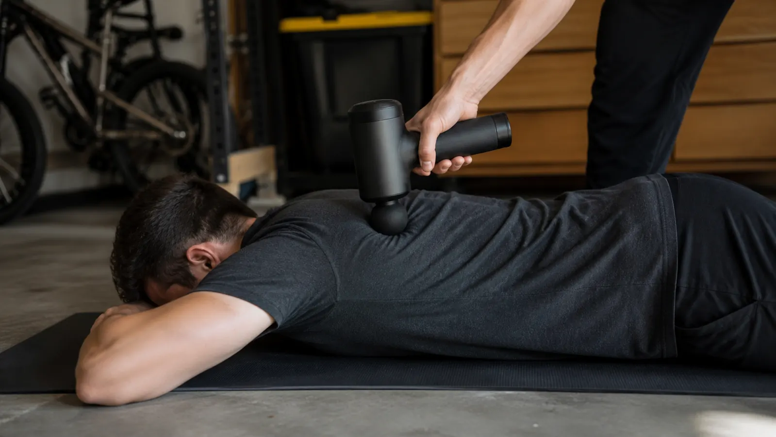 A person lying face down on a mat with a massage gun resting on the side of the lower back