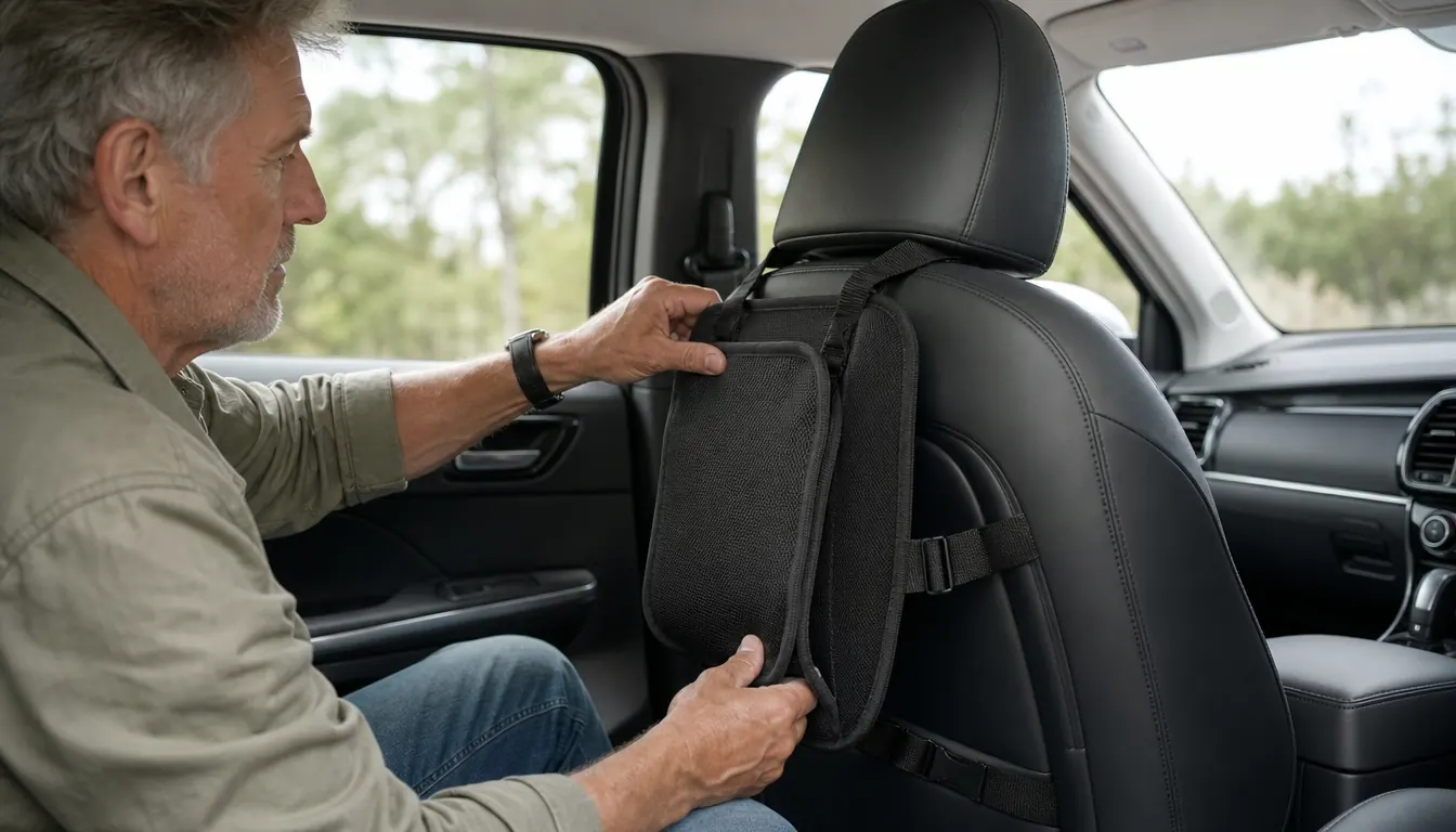 A memory foam lumbar pillow strapped to the back of a car seat with elastic straps