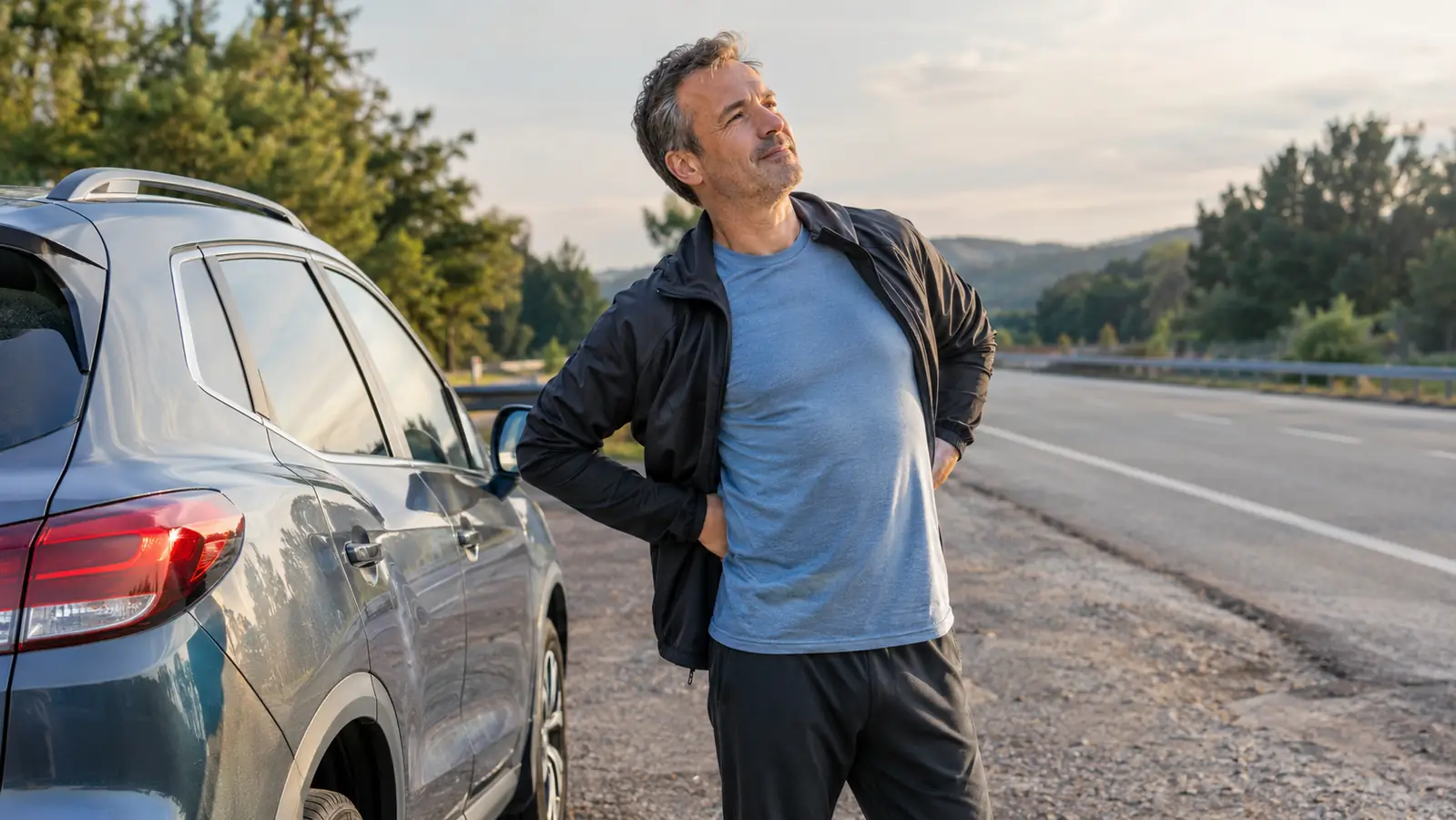 A man in his fifties standing beside his car at a rest stop, stretching his lower back with his hands on his hips