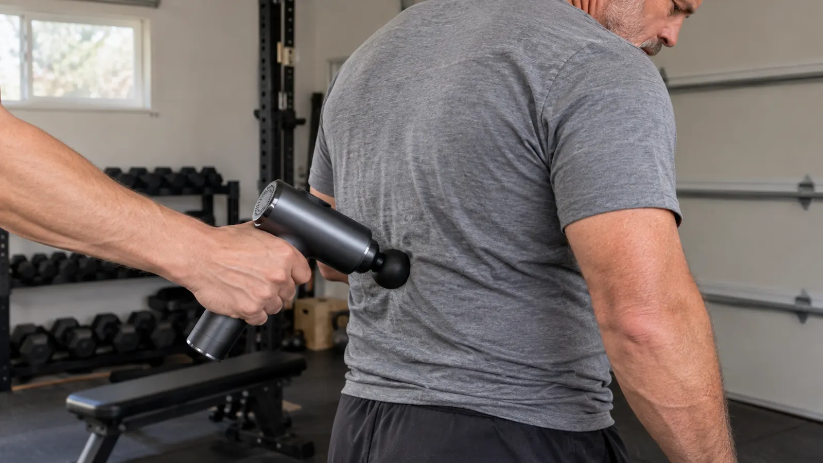 A hand holding a massage gun against a man's lower back over a t-shirt