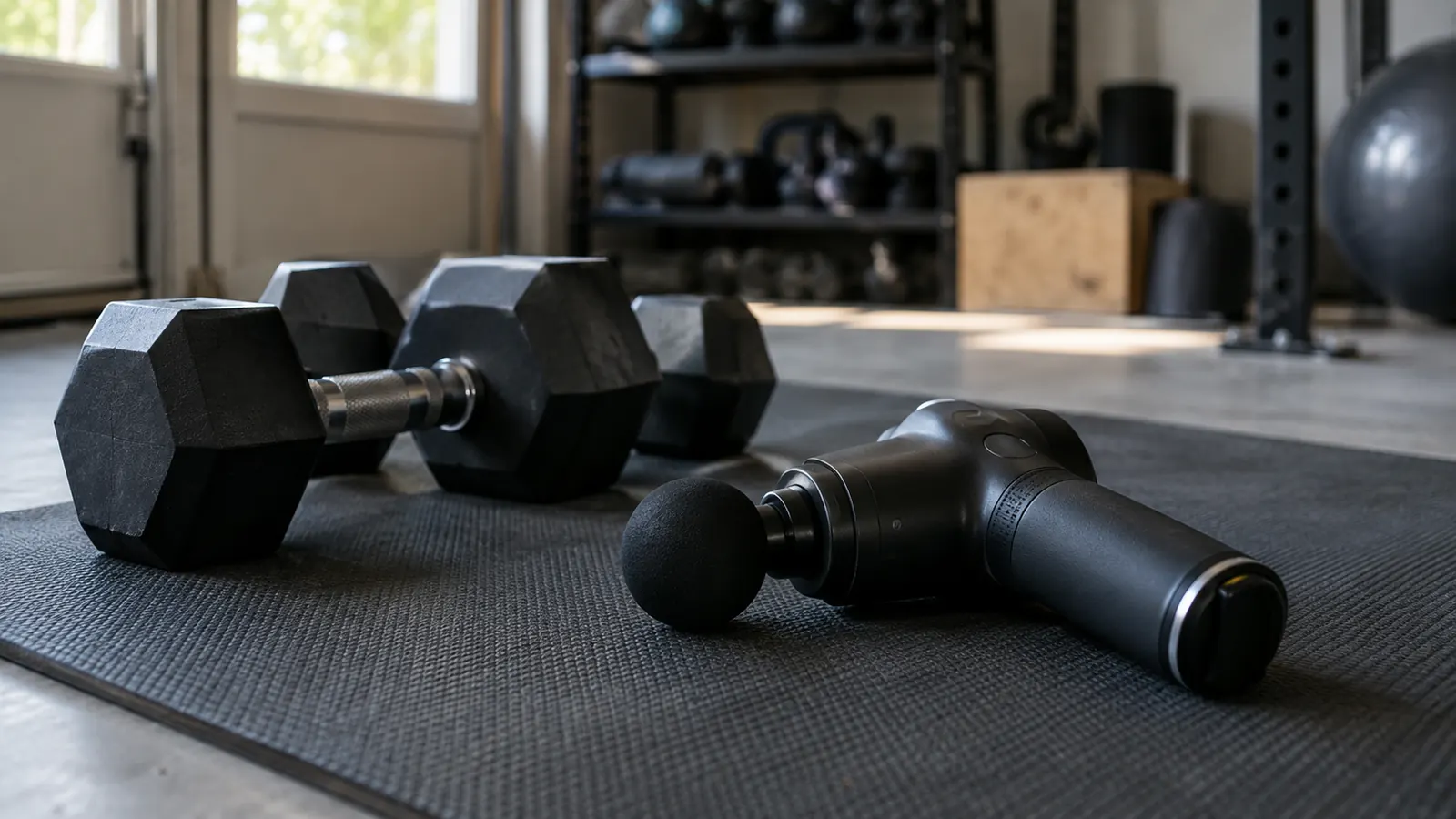 A massage gun resting on a garage gym mat next to a pair of dumbbells