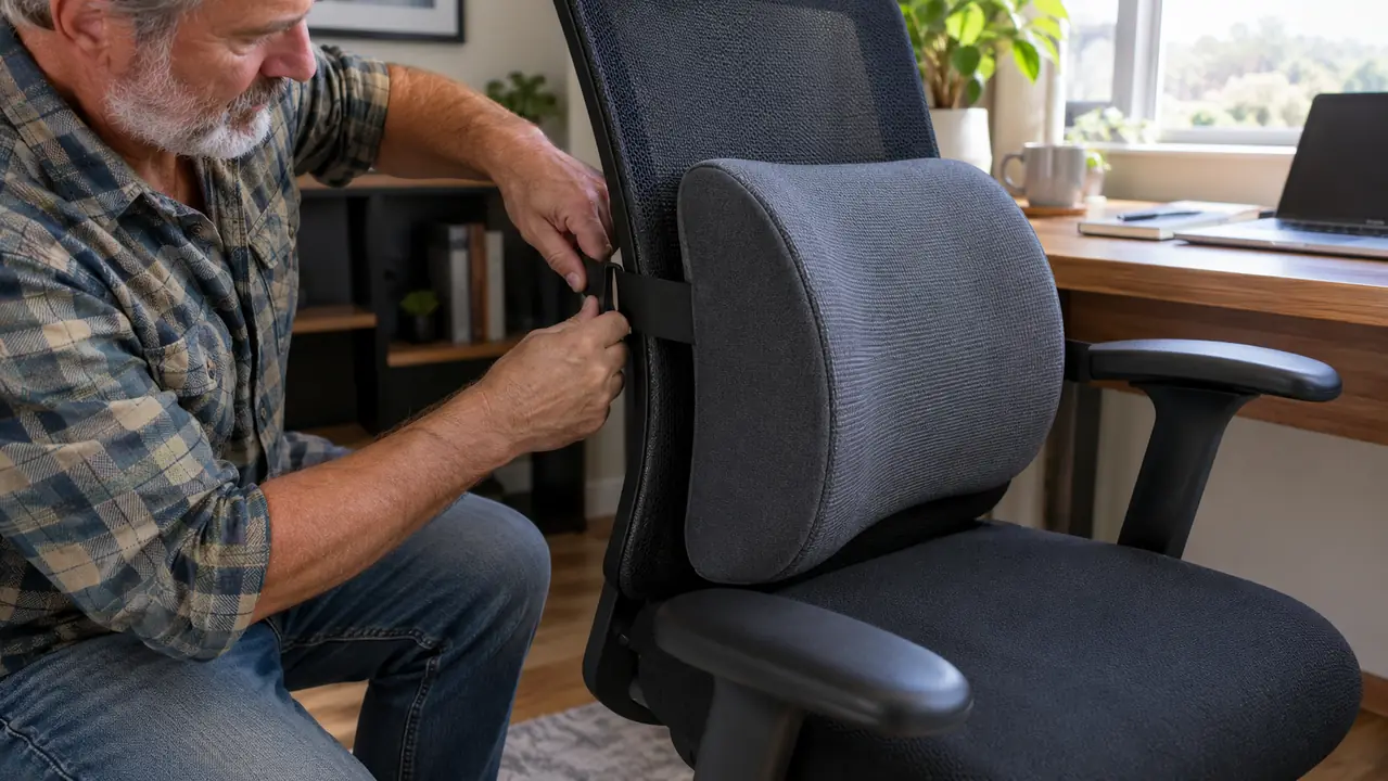 A lumbar support pillow with elastic straps attached to an office chair