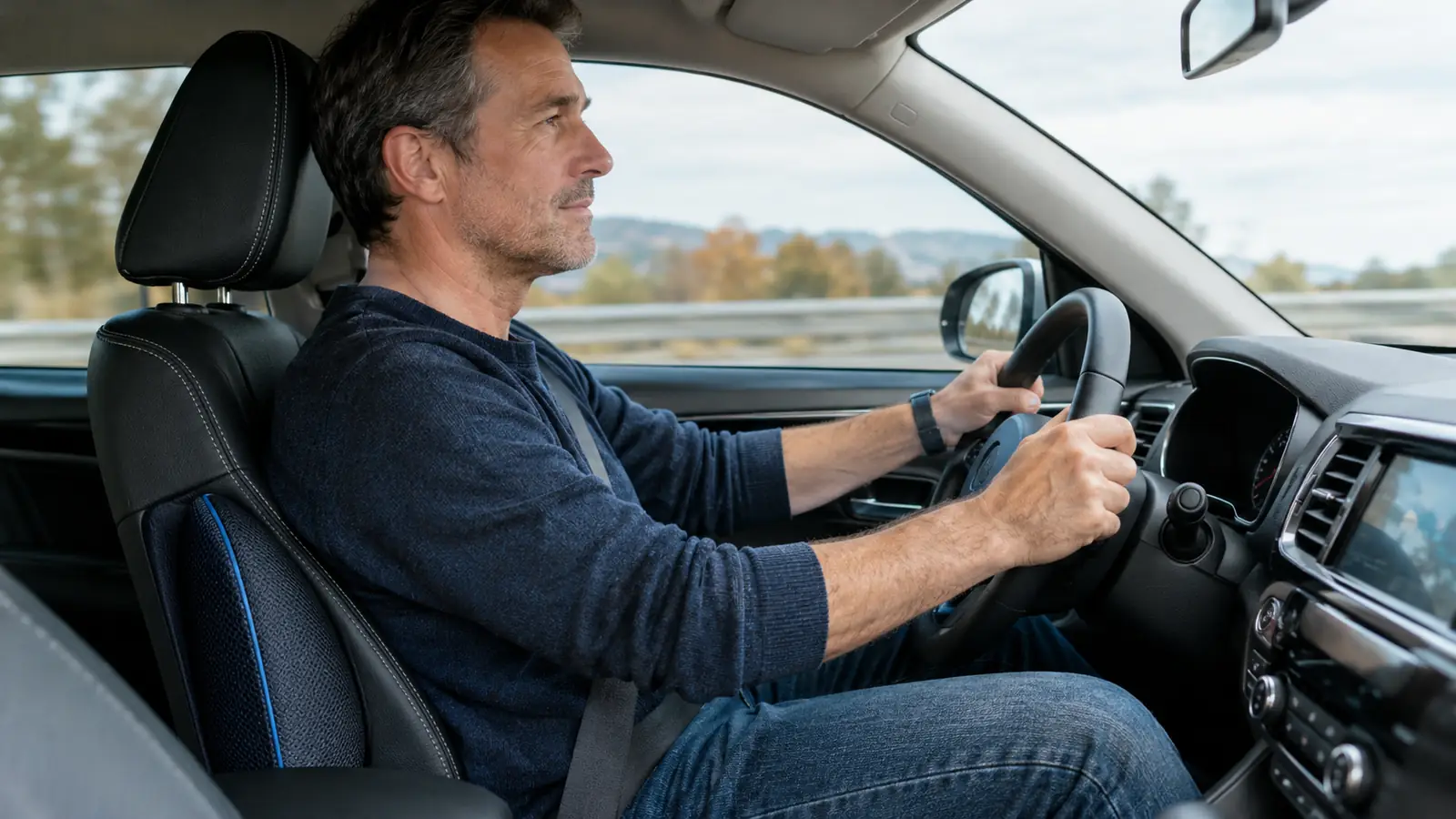 A man in his fifties driving a compact SUV with a lumbar support pillow behind his lower back
