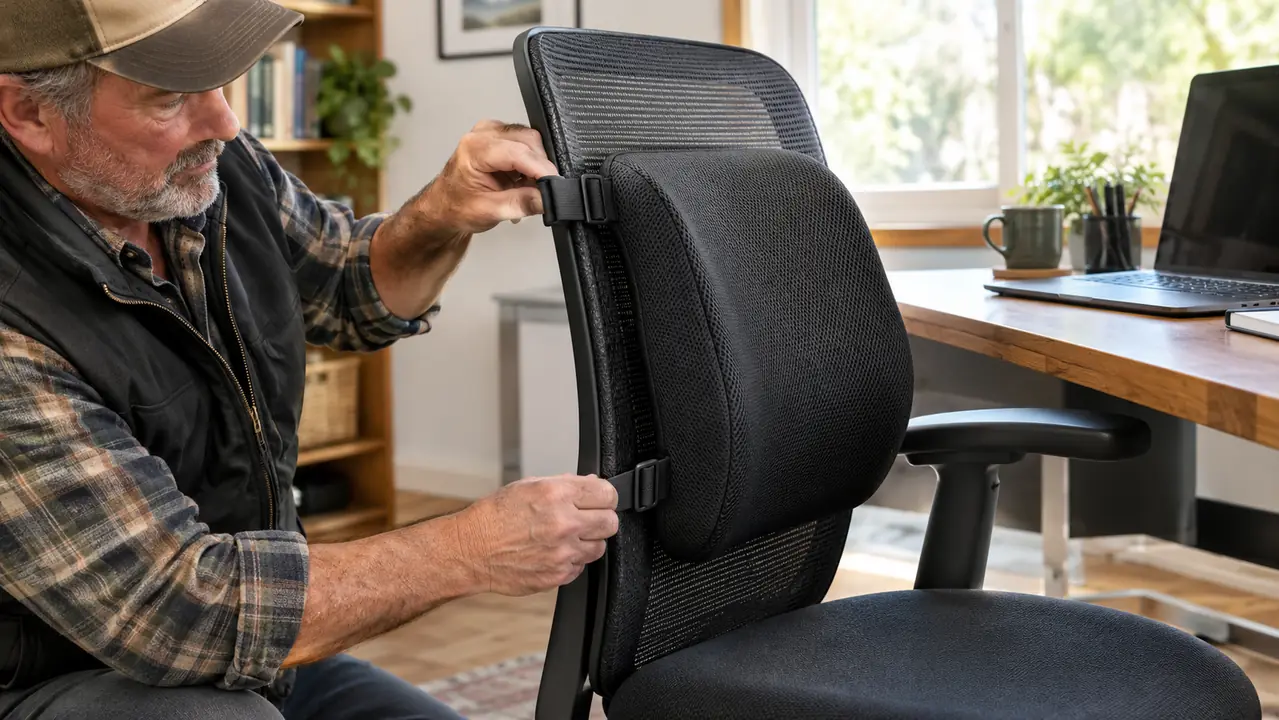 A hand placing a lumbar support pillow on a desk chair seat, showing the strap and the back panel