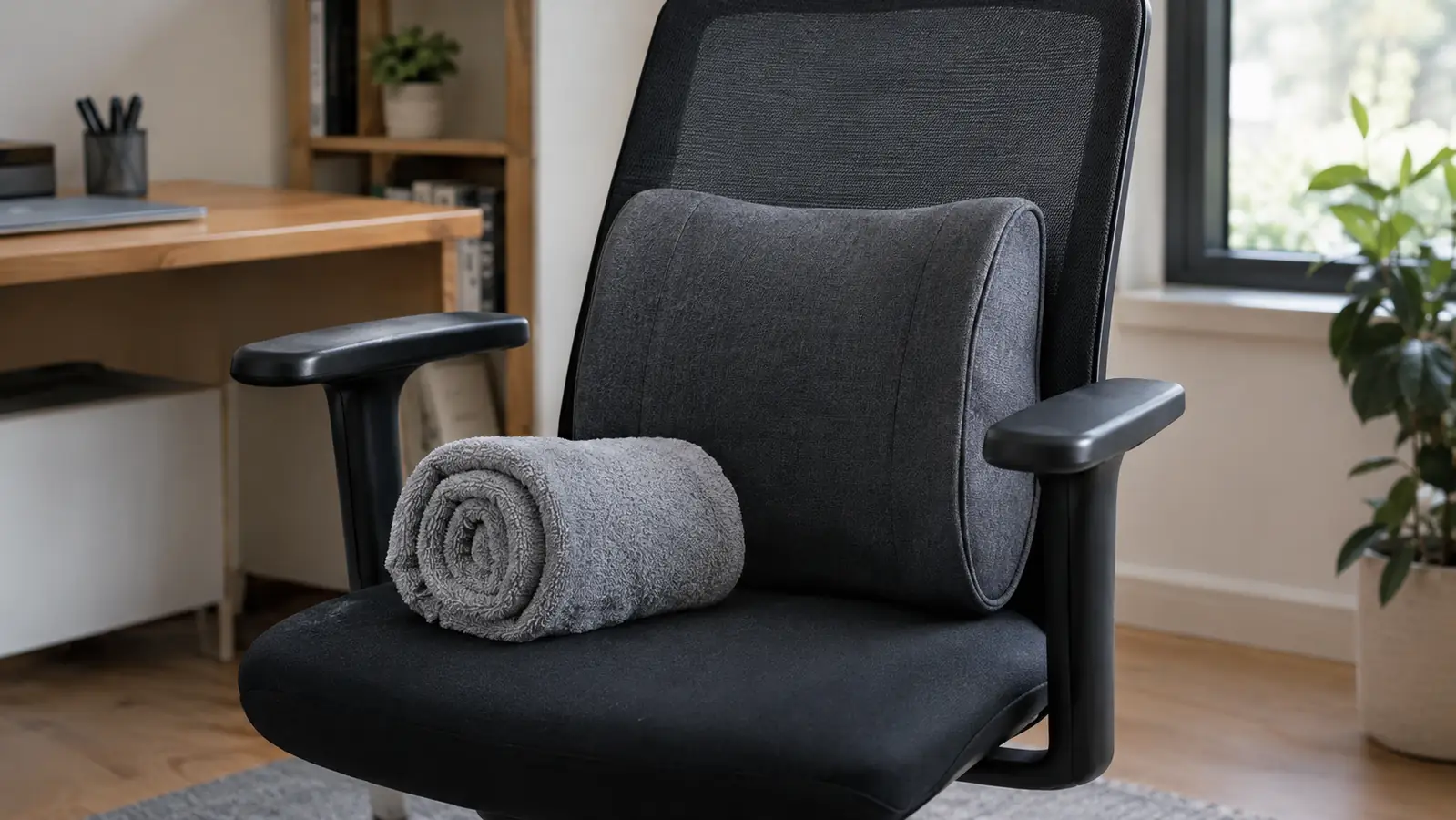A rolled towel lying on a desk chair seat next to a lumbar support pillow, a simple side-by-side comparison on a chair