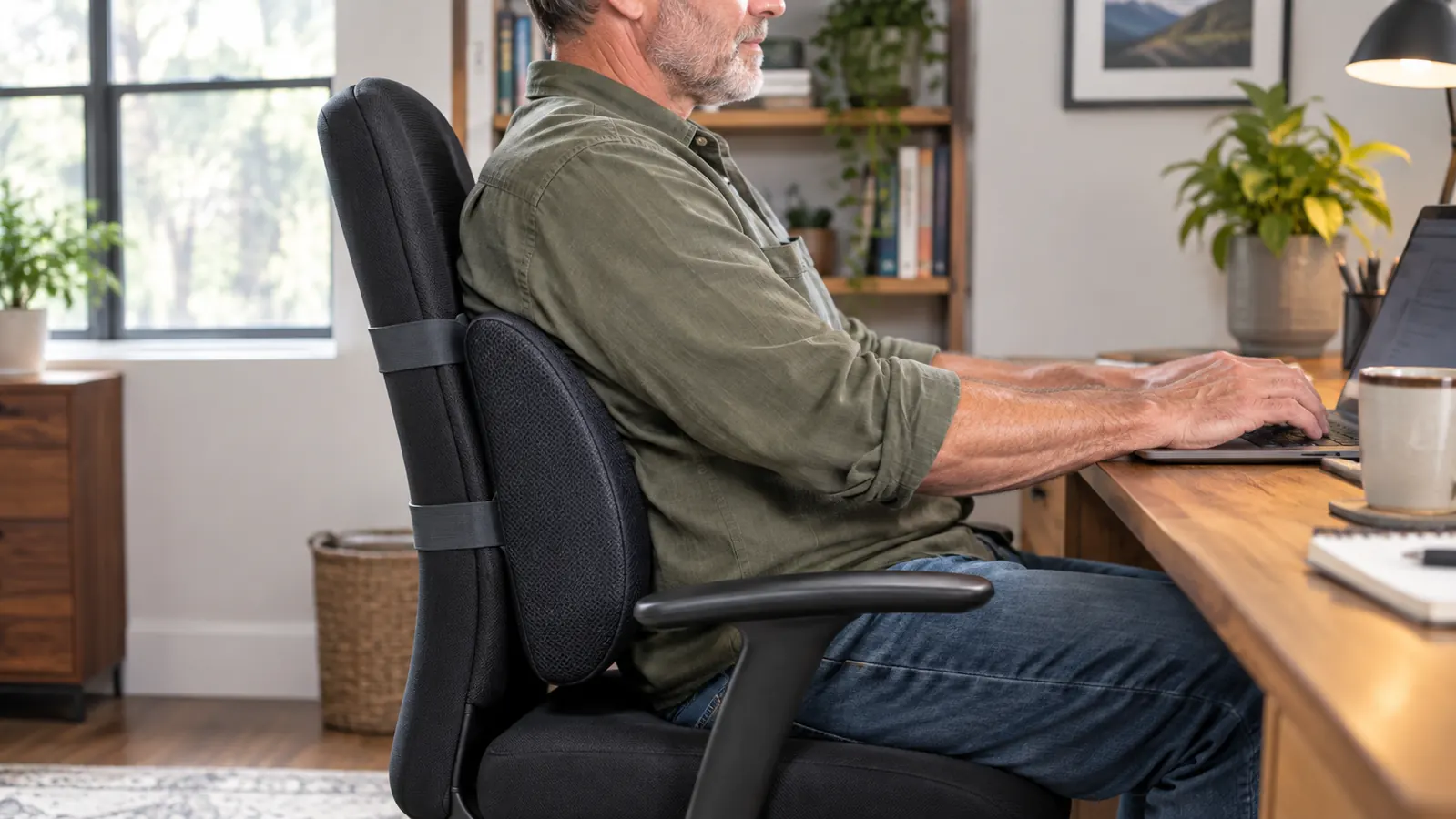 A lumbar support pillow strapped to an office chair with elastic straps, seen from the side