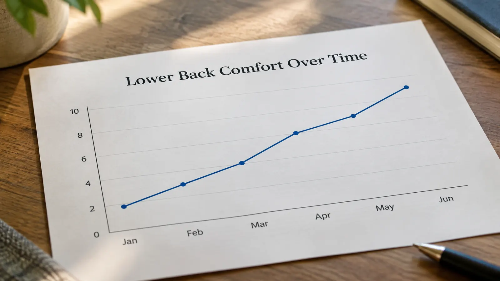 A simple line chart showing lower back comfort improving over several months of daily use