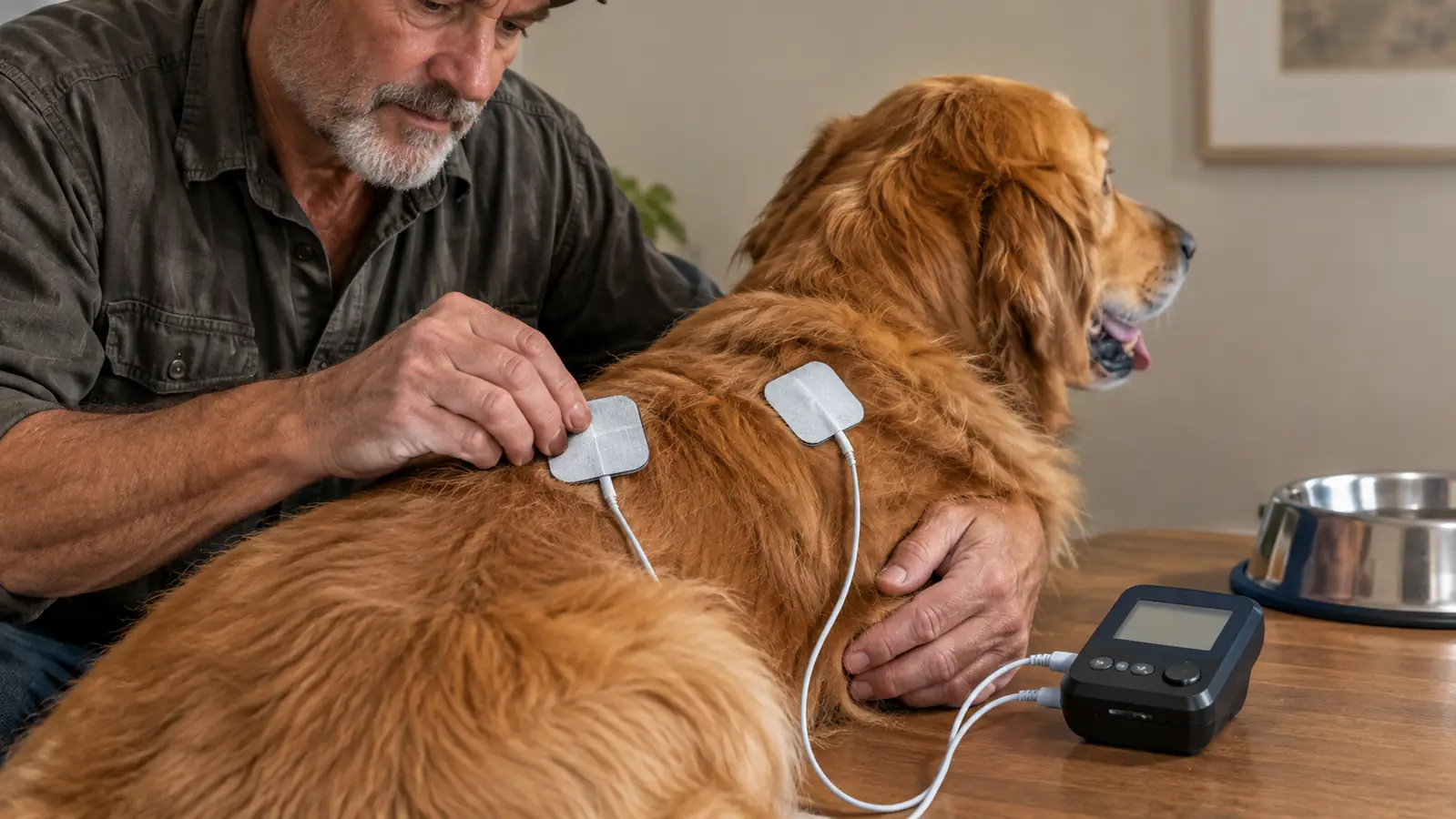 Close-up of a hand placing a square electrode pad on a dog's back