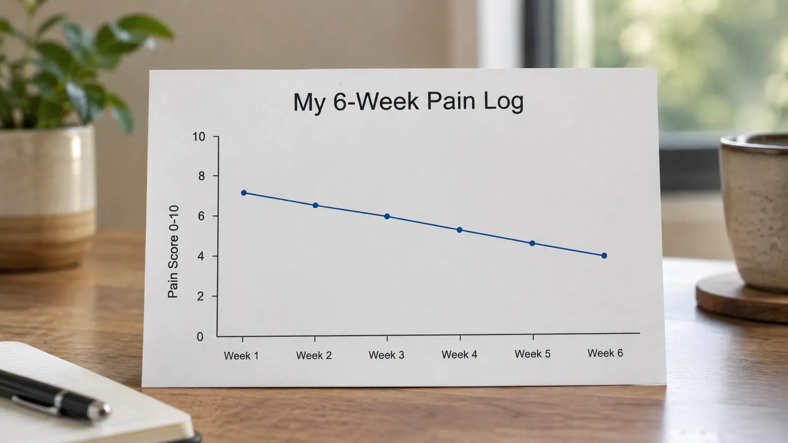 A simple line chart showing a man's self-reported back pain score on the y-axis and weeks on the x-axis, with a gentle downward trend over six weeks