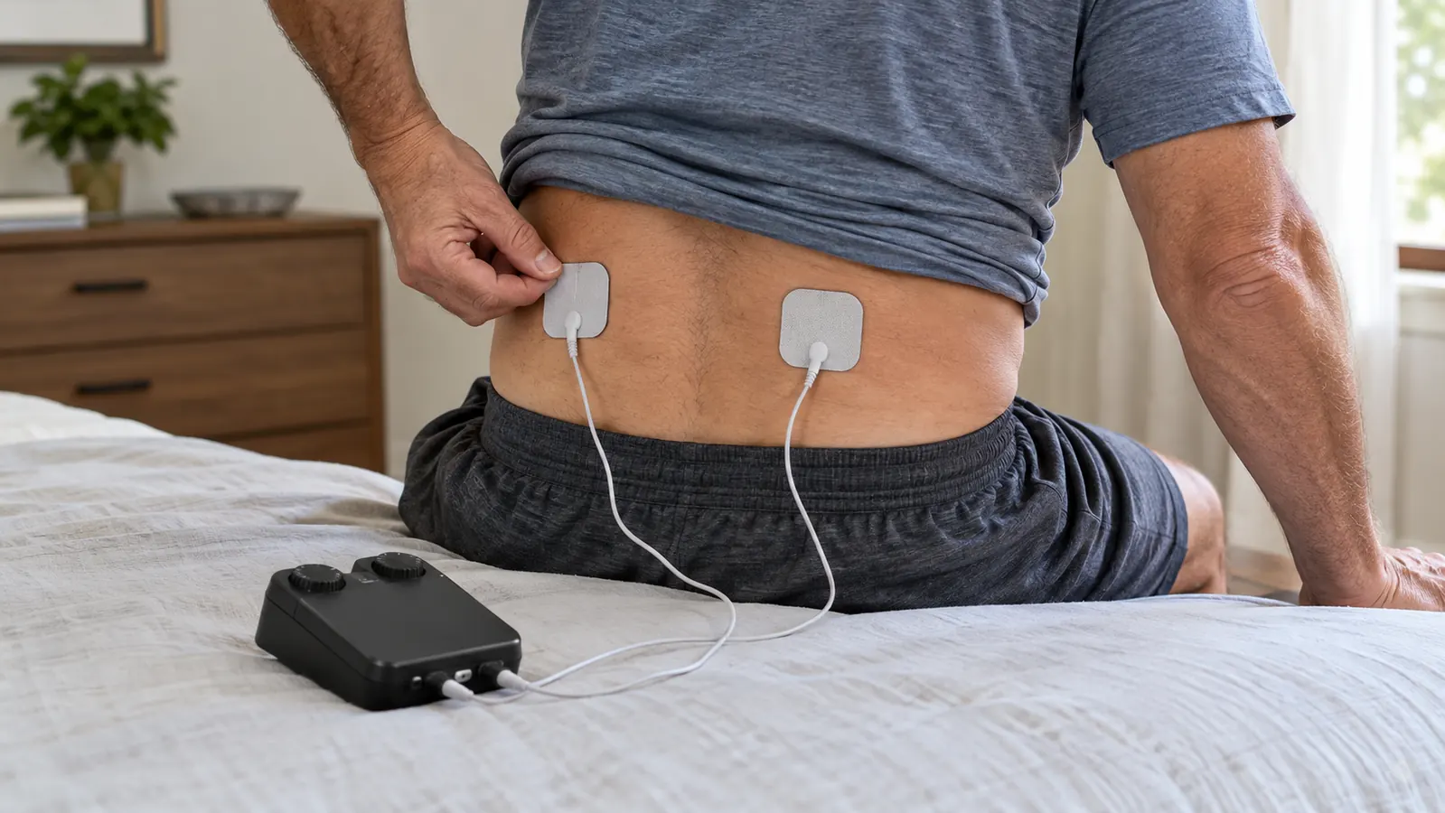 A hand placing a small electrode pad on a lower back while the person sits on the edge of a bed