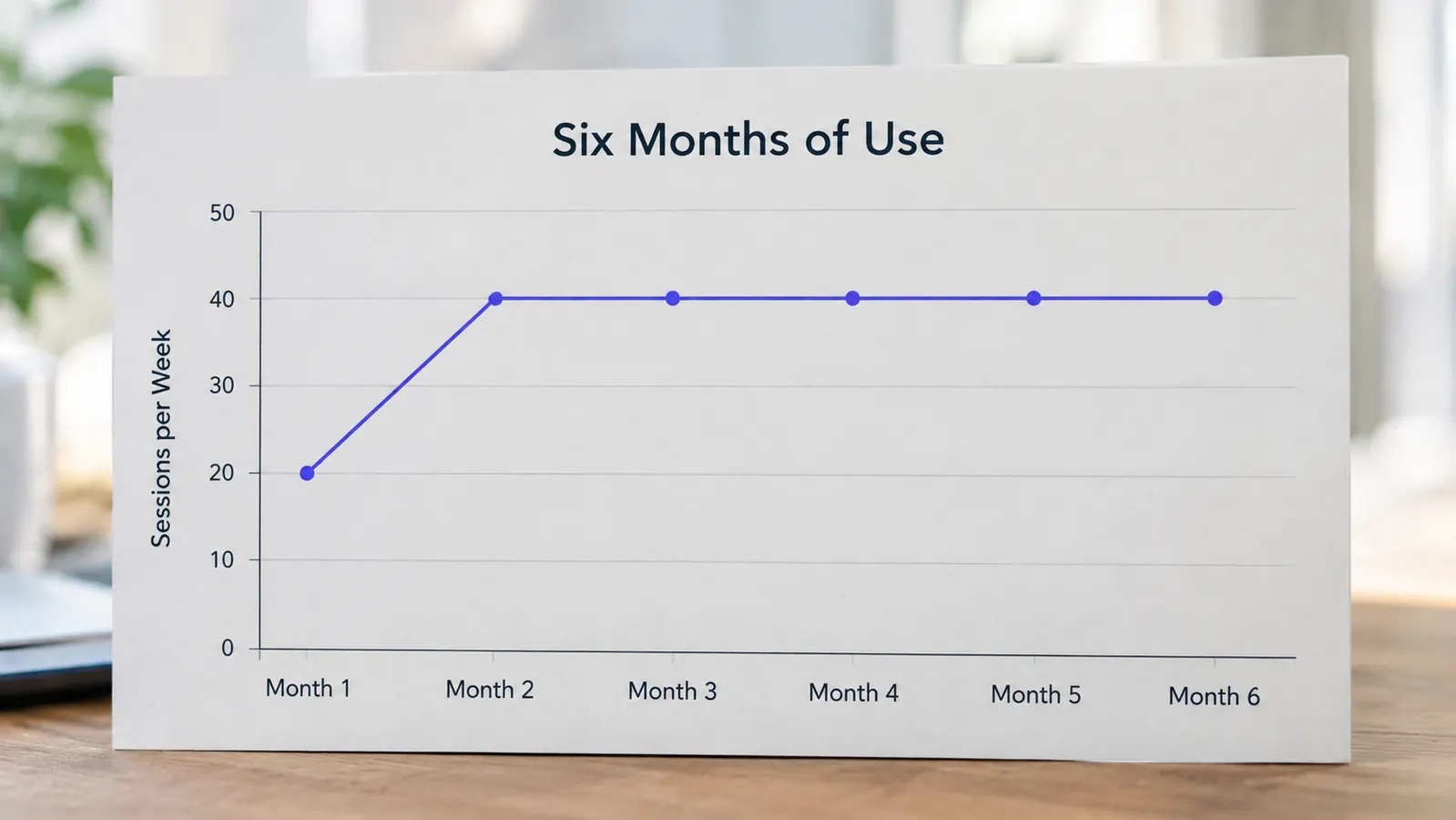 A chart showing how often a person used a TENS unit over six months, with the line rising in the first month and then settling into a steady weekly rhythm
