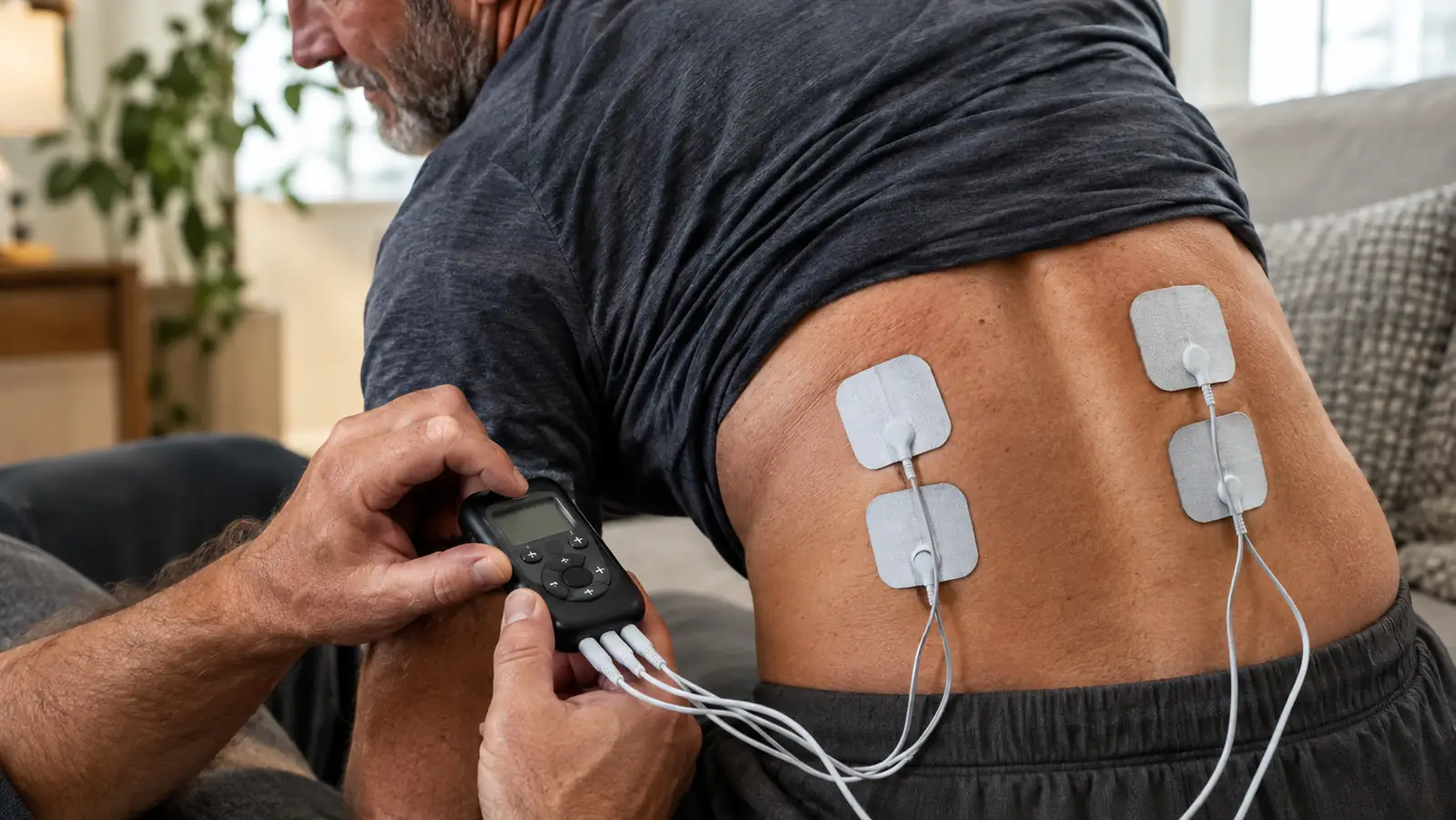 Close-up of a hand pressing the buttons on a small TENS unit while electrode pads sit on a lower back