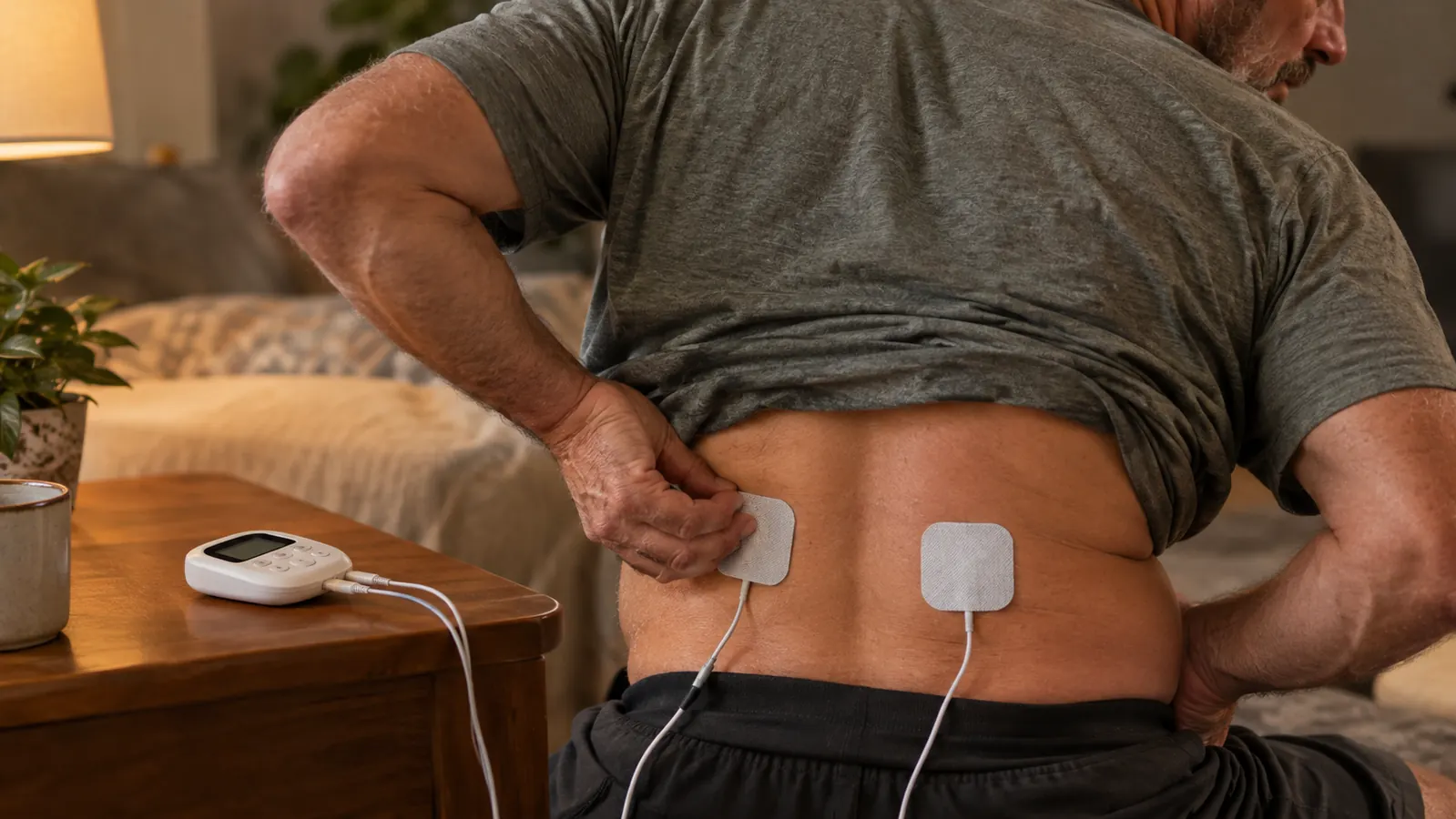 A hand placing a small electrode pad on a lower back while a compact digital unit sits on a nearby table