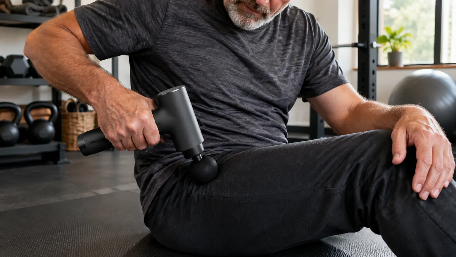 A hand holding a massage gun against the back of a thigh over dark sweatpants, on a mat in a small home gym