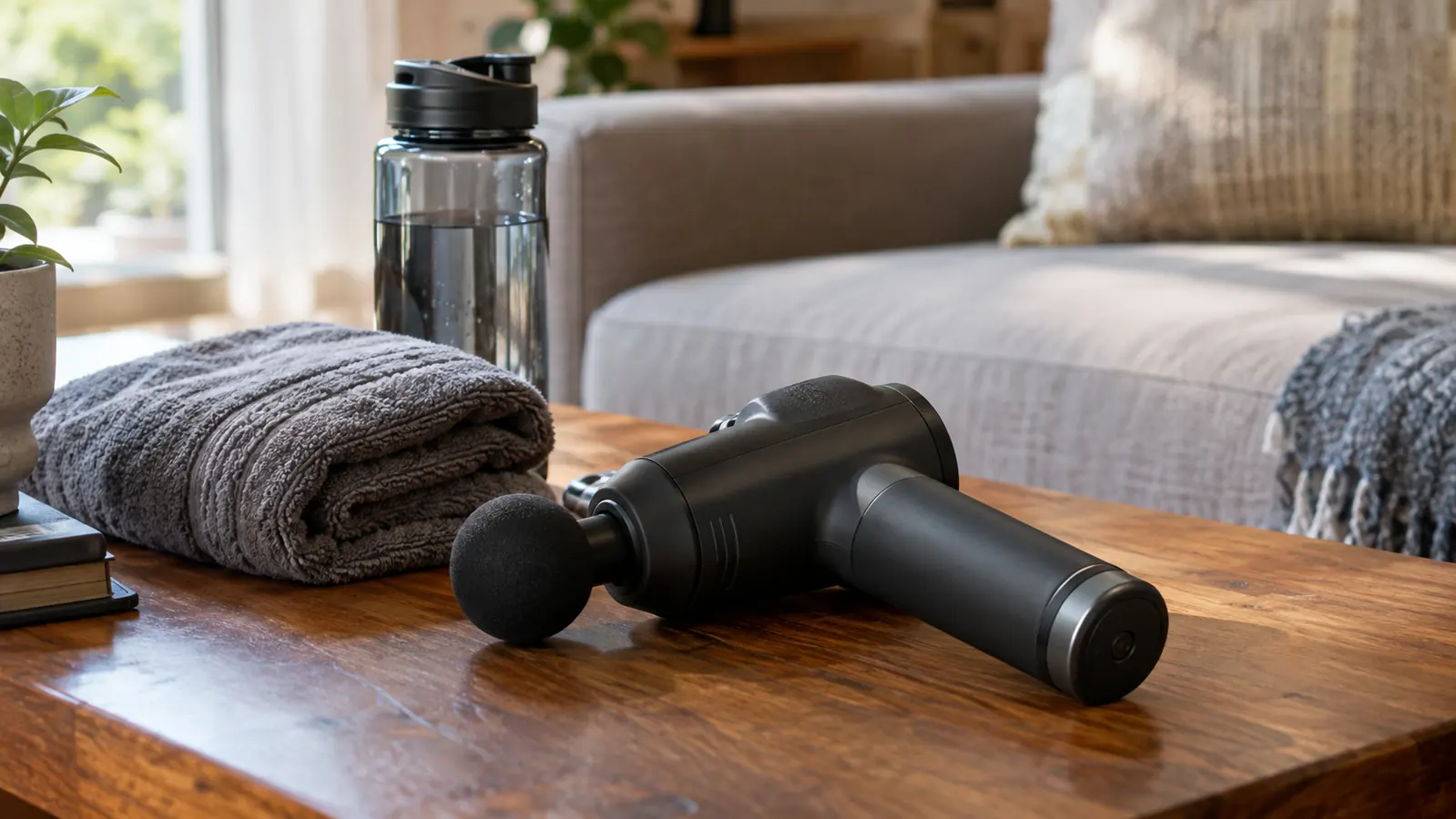 A massage gun resting on a wooden coffee table next to a folded towel and a water bottle