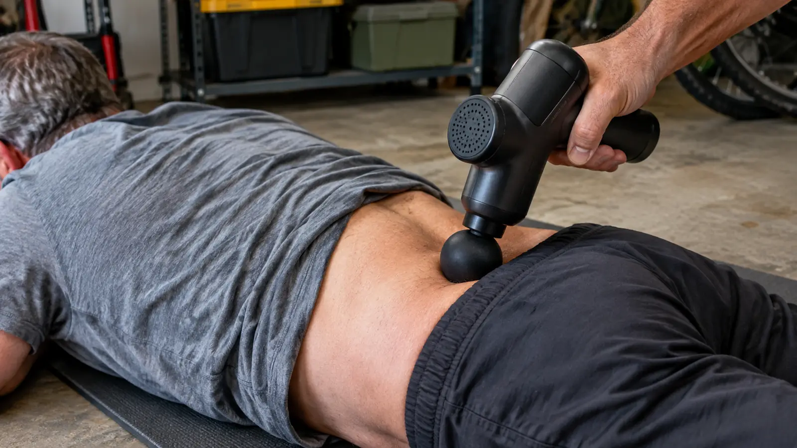 A hand holding a massage gun against the lower back of a person lying on a yoga mat on a garage floor