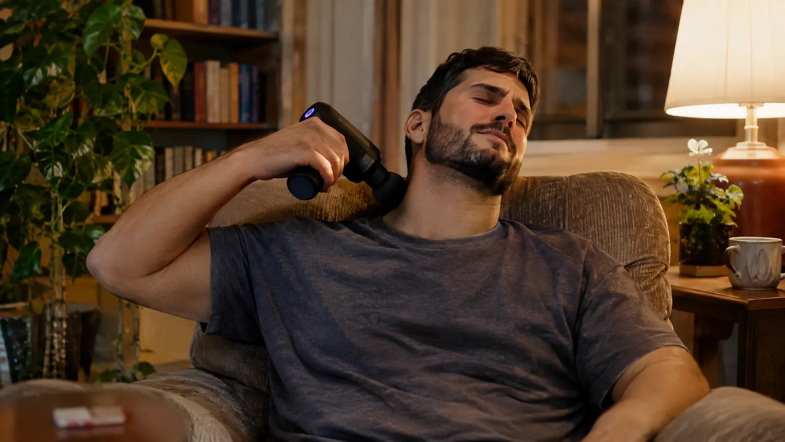 A person sitting in a recliner in a living room, using a massage gun on their own shoulder and neck, evening light